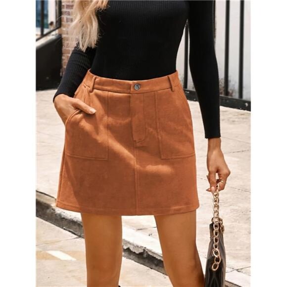 Women Mini Suede Skirt High Waisted Pencil Skirt with Pockets Fall Winter - Picture 2 of 7